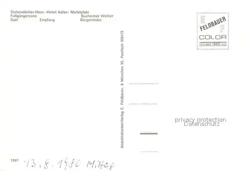 AK / Ansichtskarte Memmingen Siebendaecherhaus Hotel Adler Marktplatz Fussgaengerzone Buxheimer Weiher Saal Empfang Buergerstube Memmingen