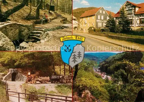 AK / Ansichtskarte Asbach_Schmalkalden Moenchsbrunnen Gasthaus zur Linde Schaubergwerk Finstertal Panorama Schoental Asbach Schmalkalden