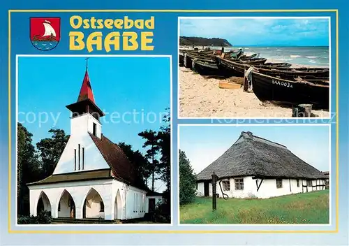 AK / Ansichtskarte Baabe_Ostseebad_Ruegen Kirche Strand Fischerboote Reetdachhaus Baabe_Ostseebad_Ruegen