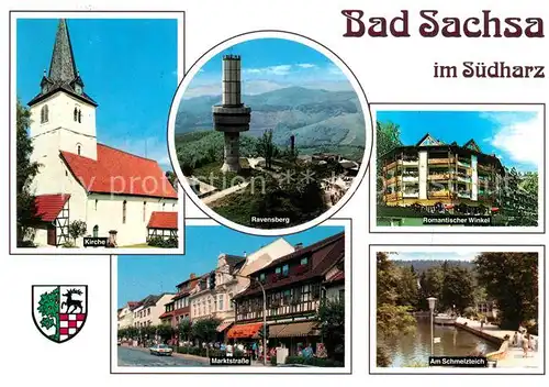 AK / Ansichtskarte Bad_Sachsa_Harz Kirche Ravensberg Aussichtsturm Romantischer Winkel Schmelzteich Marktstrasse Bad_Sachsa_Harz