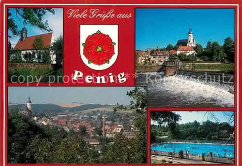 AK / Ansichtskarte Penig Panorama Tal der Zwickauer Mulde Wehr Kirche Freibad Wappen Penig