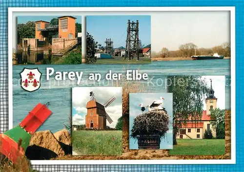 AK / Ansichtskarte Parey_Elbe Schleuse Kanal Krananlage Windmuehle Stoerche Barockkirche 
