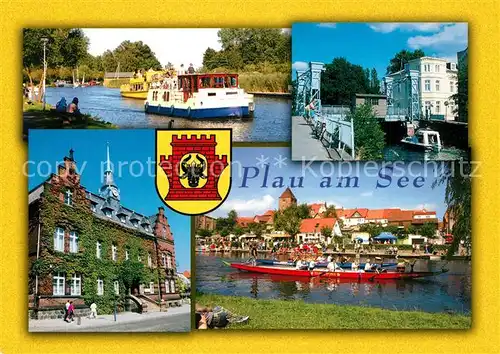 AK / Ansichtskarte Plau_See Elde Kanal Fahrgastschiff Bruecke Rathaus Ruderboot Wappen Plau_See