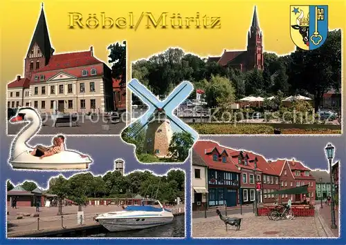 AK / Ansichtskarte Roebel_Mueritz Rathaus Kirche Windmuehle Schwan Hafen Motorboot Marktplatz Roebel Mueritz