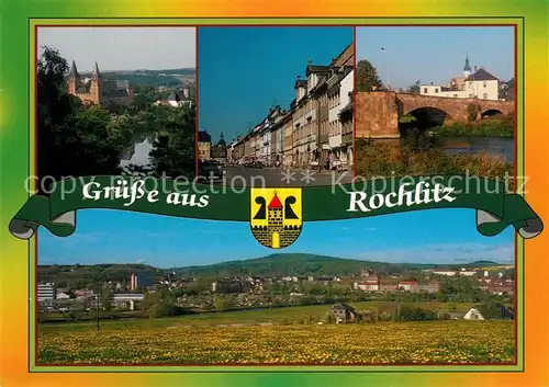 AK / Ansichtskarte Rochlitz_Sachsen Schloss Petrikirche Rathausstrasse Steinbruecke Zwickauer Mulde Landschaftspanorama Rochlitzer Berg Rochlitz Sachsen