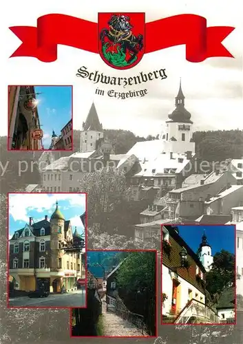 AK / Ansichtskarte Schwarzenberg_Erzgebirge Schloss Kirche Oberes Tor Kirchsteig Vorstadt Wappen Schwarzenberg Erzgebirge