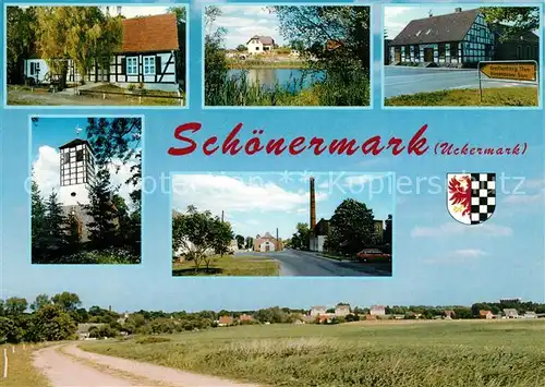 AK / Ansichtskarte Schoenermark Teilansichten Fachwerkhaus Turm Landschaftspanorama Schoenermark