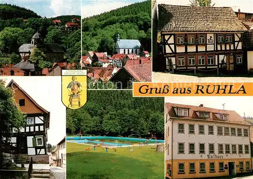 AK / Ansichtskarte Ruhla Ortsmotive Kirche Fachwerkhaus Rathaus Freibad Ruhla