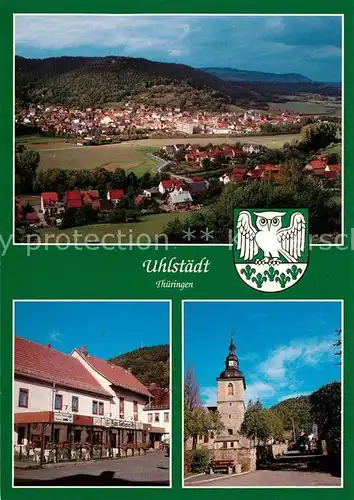AK / Ansichtskarte Uhlstaedt Kirchhasel Restaurant Ortsmotiv mit Kirche Panorama Wappen Uhlstaedt Kirchhasel