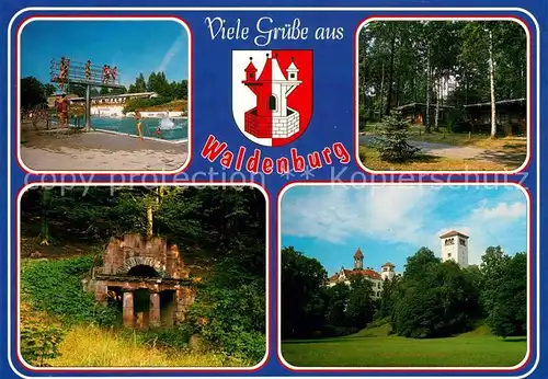AK / Ansichtskarte Waldenburg_Sachsen Freibad Bungalowsiedlung Gruenefelder Park Schloss Wappen Waldenburg Sachsen