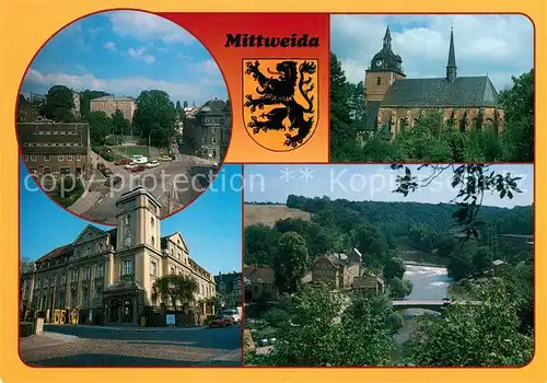 AK / Ansichtskarte Mittweida Technikumplatz Stadtkirche Post Panorama Zschopautal Wappen Mittweida