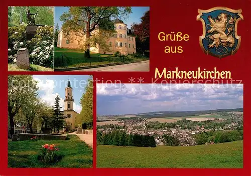 AK / Ansichtskarte Markneukirchen Geigenmacherdenkmal Musikinstrumentenmuseum Kirche Wappen Landschaftspanorama Markneukirchen