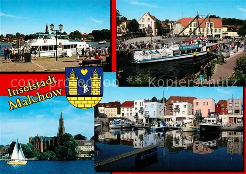 AK / Ansichtskarte Malchow Schiffsanleger Drehbruecke Weisse Flotte Fahrgastschiff Klosterkirche Stadthafen Mecklenburgische Seenplatte Malchow