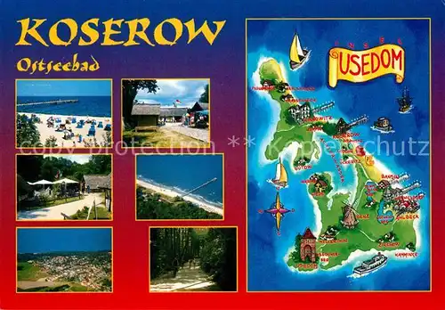 AK / Ansichtskarte Koserow_Ostseebad_Usedom Strand Promenade Waldweg Landkarte aus der Vogelperspektive Koserow_Ostseebad_Usedom
