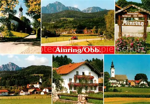 AK / Ansichtskarte Ainring Ortsmotiv mit Kirche Landstrasse Alpenblick Blumenschmuck Schild Ainring