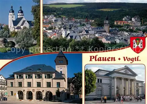 AK / Ansichtskarte Plauen_Vogtland Elsterbruecke Kirche Jugendherberge Neundorfer Strasse Fernblick vom Reusawald Vogtlandtheater Plauen_Vogtland