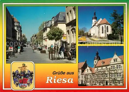 AK / Ansichtskarte Riesa_Sachsen Boulevard Klosterkirche Rathaus Wappen Riesa Sachsen
