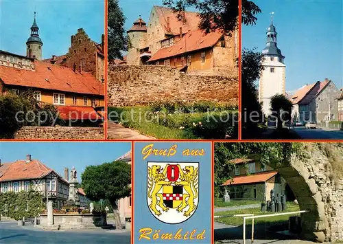 AK / Ansichtskarte Roemhild Schloss Unterer Turm Marktbrunnen Kirche Schlosshof Wappen Roemhild