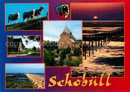 AK / Ansichtskarte Schobuell_Husum Schafe Friesenhaus Kirche Steg Sonnenuntergang am Meer Schobuell Husum