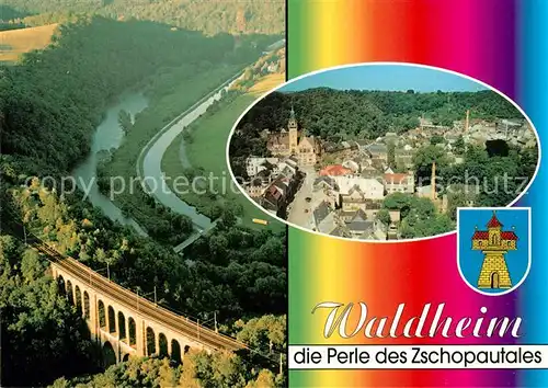 AK / Ansichtskarte Waldheim_Sachsen Diedenhainer Viadukt Eisenbahnbruecke Panorama Zschopautal Fliegeraufnahme Stadtbild Blick von Kirche Waldheim Sachsen