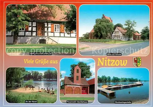 AK / Ansichtskarte Nitzow_Havelberg Dorfgemeinschaftshaus Hauptstrasse Kirche Fachwerkhaus Badestrand Havel Bootsanleger Feuerwehr Geraetehaus 