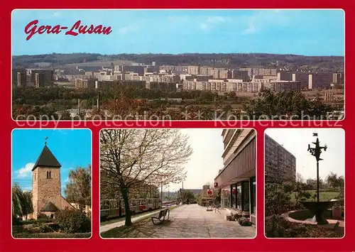 AK / Ansichtskarte Lusan_Gera Stadtpanorama Wohnsiedlung Hochhaeuser Kirche Saalfelder Strasse Sonnenuhr Lusan_Gera