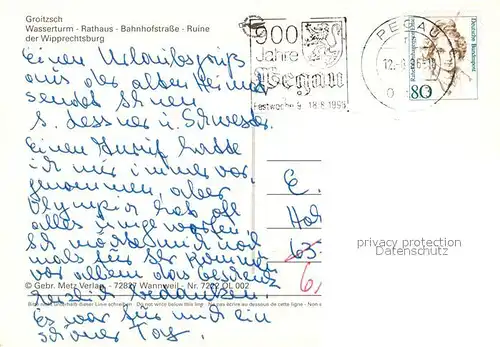 AK / Ansichtskarte Groitzsch_Pegau Wasserturm Rathaus Bahnhofstrasse Ruine Wipprechtsburg Groitzsch Pegau