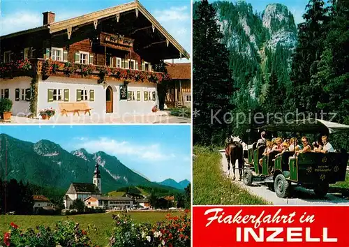 AK / Ansichtskarte Inzell Fiakerfahrt Naturschutzgebiet Blumenschmuck Ortsmotiv mit Kirche Alpen Inzell