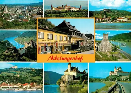 AK / Ansichtskarte Marbach_Donau Strandhotel Nibelungenhof Stadtpanorama Kloster Maria Taferl Burgruine Marbach Donau