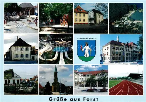 AK / Ansichtskarte Forst_Baden Wasserspiele Kinderspielplatz Gebaeude Kirche Sportstadion Forst_Baden