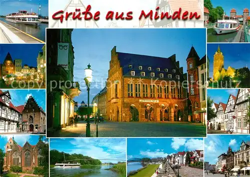 AK / Ansichtskarte Minden_Westfalen Kanalschiffe Kirche Rathaus Weserpartie Fachwerkhaeuser Uferstrasse Minden_Westfalen