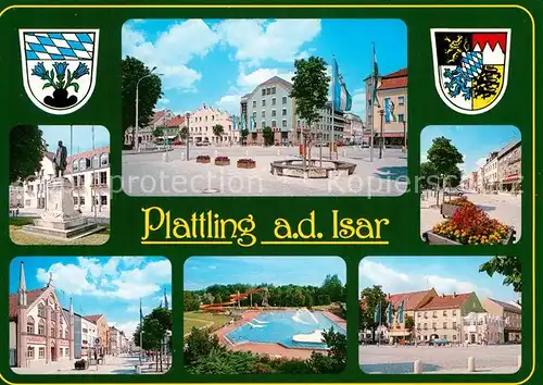 AK / Ansichtskarte Plattling_Isar_Bayern Denkmal Marktplatz Rathaus Schwimmbad Plattling_Isar_Bayern