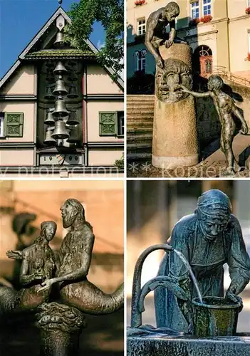 AK / Ansichtskarte Plochingen Glockenspiel Gruener Baum Figurengruppe am Rathaus Marktbrunnen Detail Fischbrunnen Plochingen