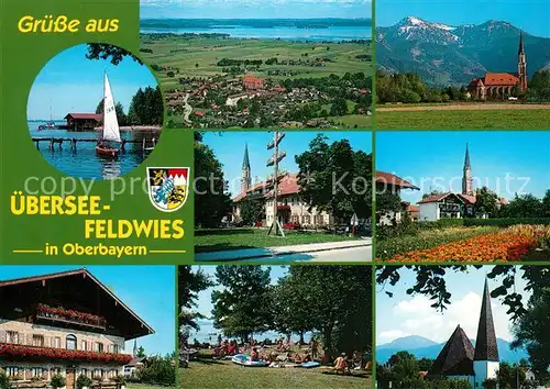 AK / Ansichtskarte Feldwies Bootssteg Fliegeraufnahme Kirche Maibaum Park Gasthaus Strandbad Kirchturm Feldwies