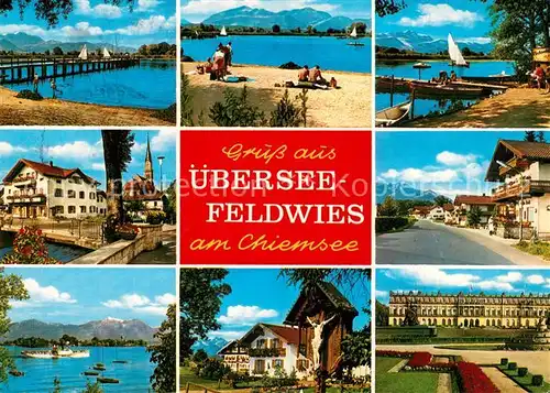 AK / Ansichtskarte Feldwies Seebruecke Strand Ortsansichten Chiemsee Wegekreuz Schloss Feldwies