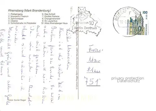 AK / Ansichtskarte Rheinsberg Parkeingang Kronprinz Friedrich Sphinxtreppe Obelisk Ratskeller Grosses Schloss Parterre Orangerie St Laurentius Altes Rheinsberger Haus Rheinsberg