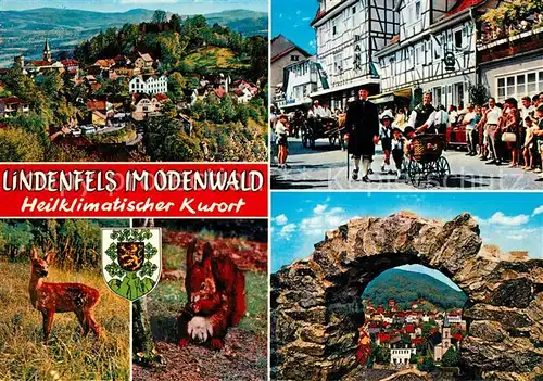 AK / Ansichtskarte Lindenfels_Odenwald Panorama Festzug Rehkitz Eichhoernchen Steintor Lindenfels Odenwald