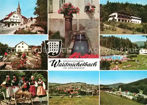 AK / Ansichtskarte Waldmichelbach Strasse Brunnen Schwimmbad Minigolf Trachten Panorama Waldmichelbach