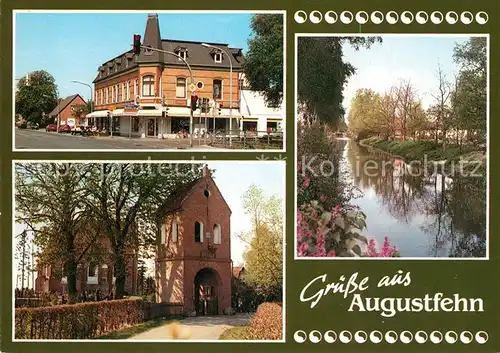 AK / Ansichtskarte Augustfehn Strassenpartie Kirche Partie am Fluss Augustfehn