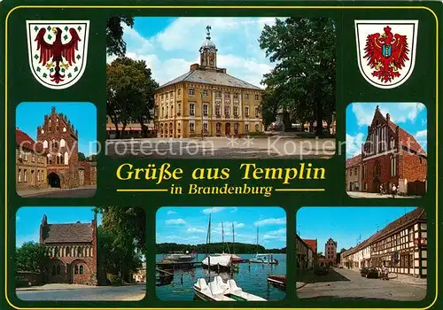 AK / Ansichtskarte Templin Tor Marktplatz Historisches Rathaus Giebelhaus Hafen Fachwerkhaeuser Wappen Templin