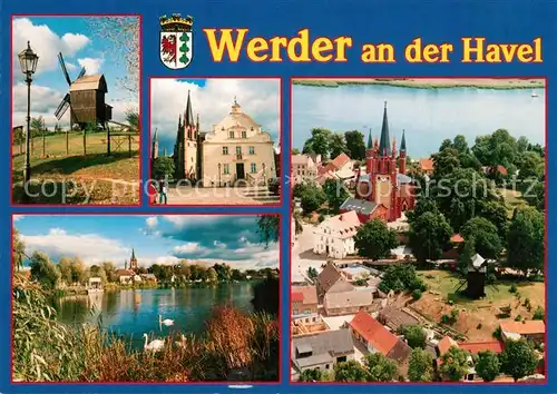 AK / Ansichtskarte Werder_Havel Windmuehle Stadtbild mit Kirche Bockwindmuehle Partie am Wasser Werder Havel