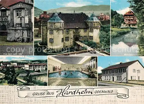 AK / Ansichtskarte Hardheim_Odenwald Schloss Wohlfahrtsmuehle Schulhaus Hallenbad Postamt Hardheim Odenwald