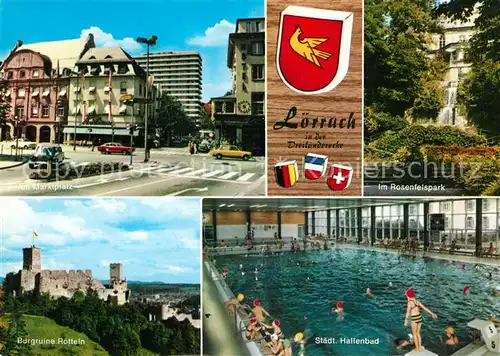 AK / Ansichtskarte Loerrach Marktplatz Rosenfelspark Burgruine Roetteln Staedt Hallenbad Loerrach
