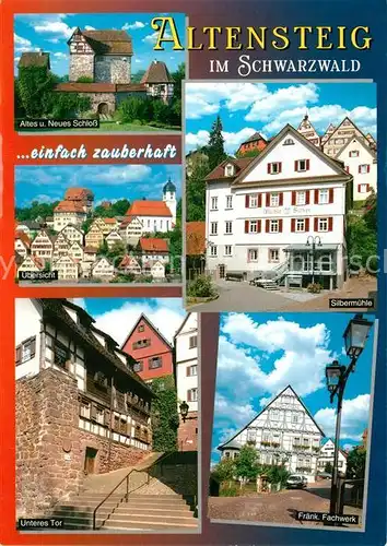 AK / Ansichtskarte Altensteig_Schwarzwald Altes und neues Schloss Teilansicht Unteres Tor Silbermuehle Fraenk Fachwerk Altensteig_Schwarzwald