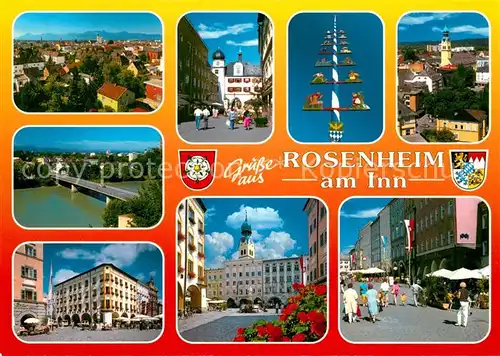 AK / Ansichtskarte Rosenheim_Bayern Stadtblick Staedt Museum Maibaum Max Josef Platz Fussgaengerzone Rosenheim Bayern