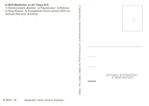 AK / Ansichtskarte Waidhofen_Thaya Steinkunstwerk Basilika Rappskulptur Rathaus Rapp Kolonie Kirche Waidhofen Thaya