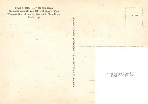 AK / Ansichtskarte Hallig_Hooge Gemeindegestuehl geschnitzte Wangen Kanzel Werkstatt Ringelings Hallig Hooge