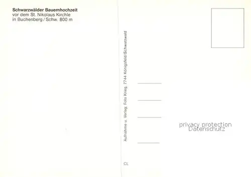 AK / Ansichtskarte Buchenberg_Koenigsfeld_Schwarzwald Schwarzwaelder Bauernhochzeit Sankt Nikolaus Kirche Buchenberg_Koenigsfeld