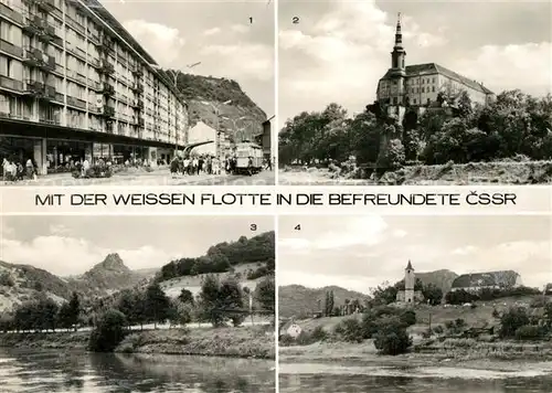 AK / Ansichtskarte Usti_nad_Labem Geschaeftsstrasse Schloss Decin Vrabinec Burgruine Sperlingstein Valtire Kirche Waldirsche Usti_nad_Labem