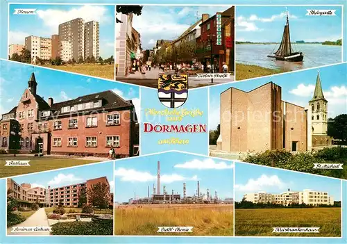 AK / Ansichtskarte Dormagen Horrem Siedlung Hochhaeuser Koelner Strasse Rheinpartie Rathaus Kirche Seniorenzentrum Erdoel Chemie Krankenhaus Dormagen